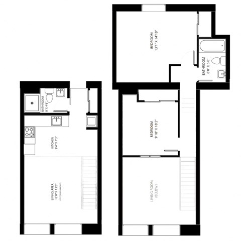 Floor plan for 2 beds, 1 bath, 755 sqft